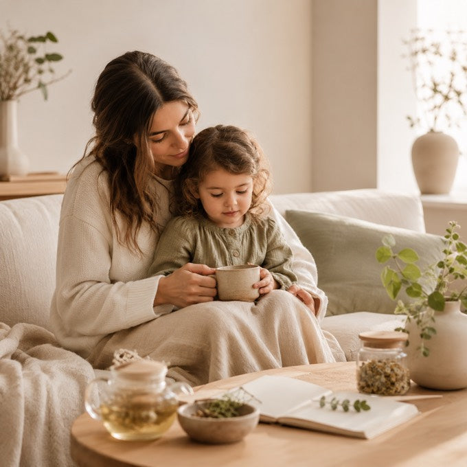 A parent and child at home sharing a cup of herbal tea